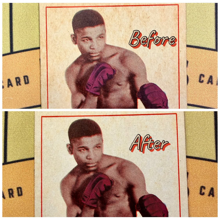 A vintage boxing card shown before and after cleaning and polishing