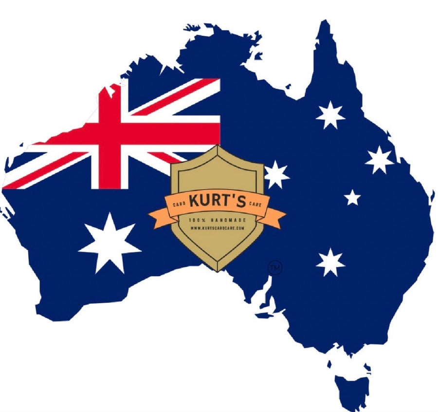 A map of Australia filled with the Australian flag, with the Kurt's Card Care badge at its centre