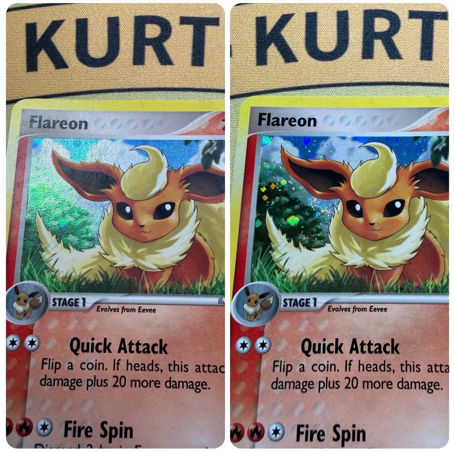 A Flareon Pokemon card shown before and after cleaning, the holo foil pattern clear and sparkling instead of dull