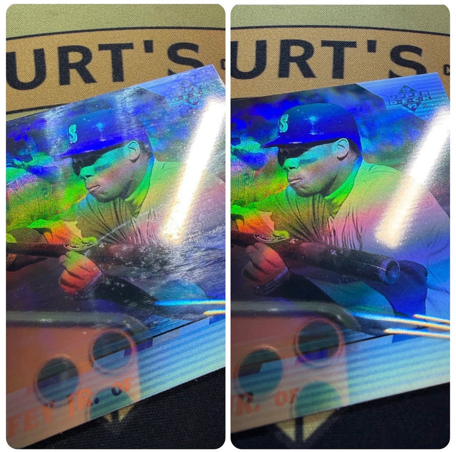 A 1992 Upper Deck Ken Griffey Jr. hologram card shown before and after cleaning, the surface haze and marks lifted and the hologram sharp